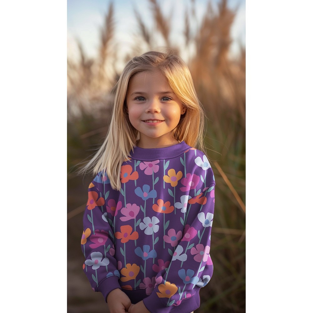 French Terry Stof Digitale Print Bloemenveld – Paars