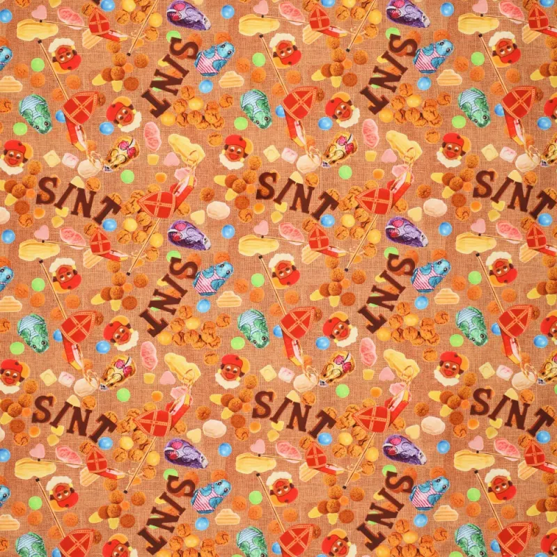 Katoen Poplin Stof Sinterklaas – Jute Look – Feestelijke Kinderprint