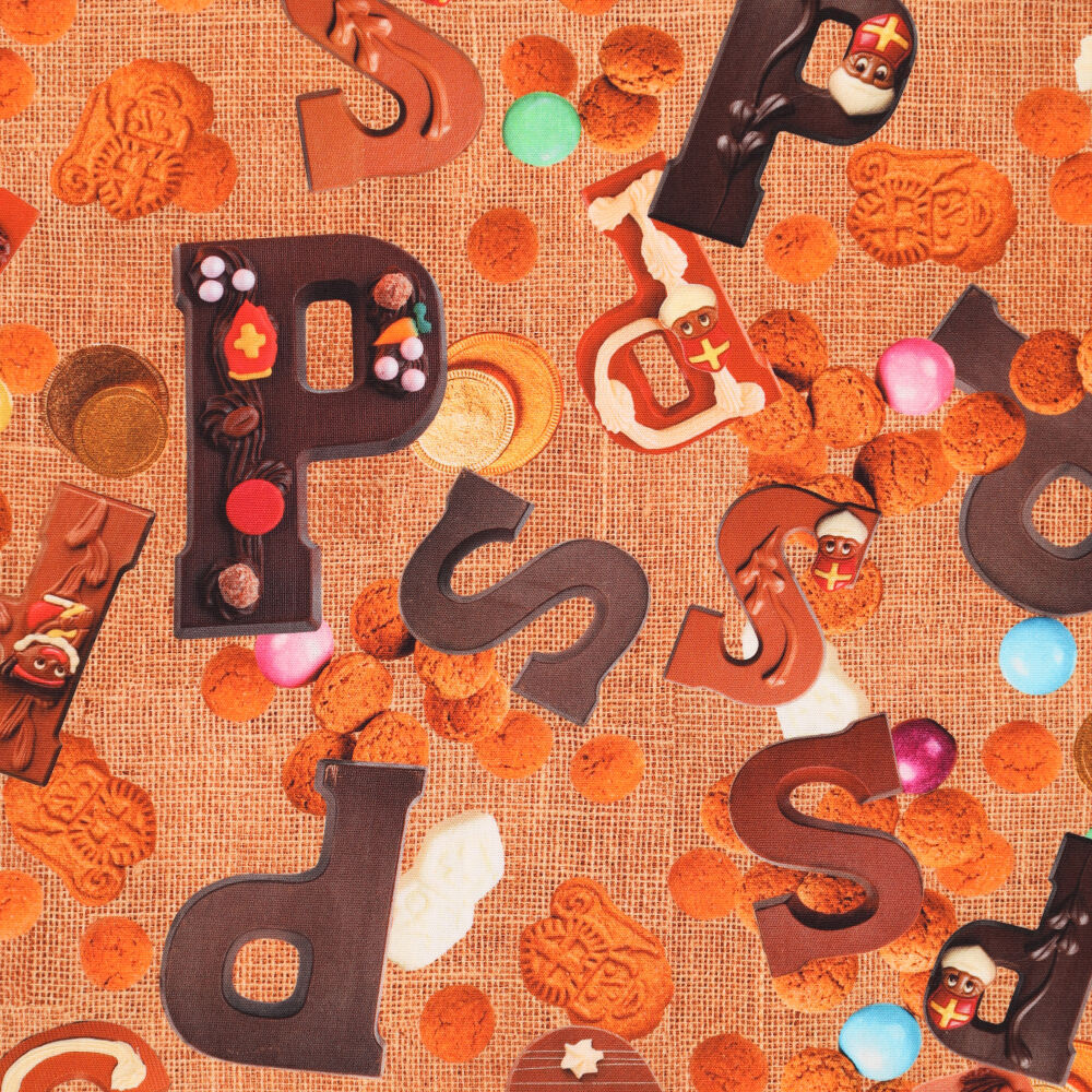 Sinterklaas Katoen Poplin Stof – Naturel – Chocoladeletters & Jute Look