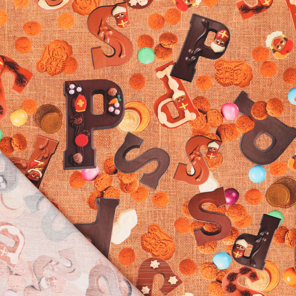 Sinterklaas Katoen Poplin Stof – Naturel – Chocoladeletters & Jute Look