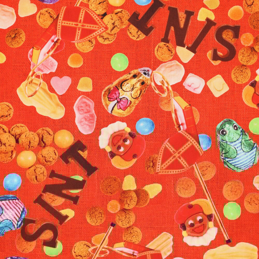 Katoen Poplin Stof Sinterklaas – Rood – Jute Look & Kinderprint