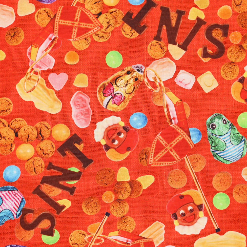 Katoen Poplin Stof Sinterklaas – Rood – Jute Look & Kinderprint