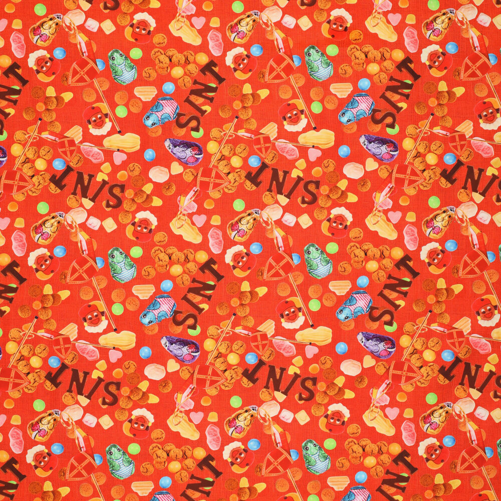 Katoen Poplin Stof Sinterklaas – Rood – Jute Look & Kinderprint