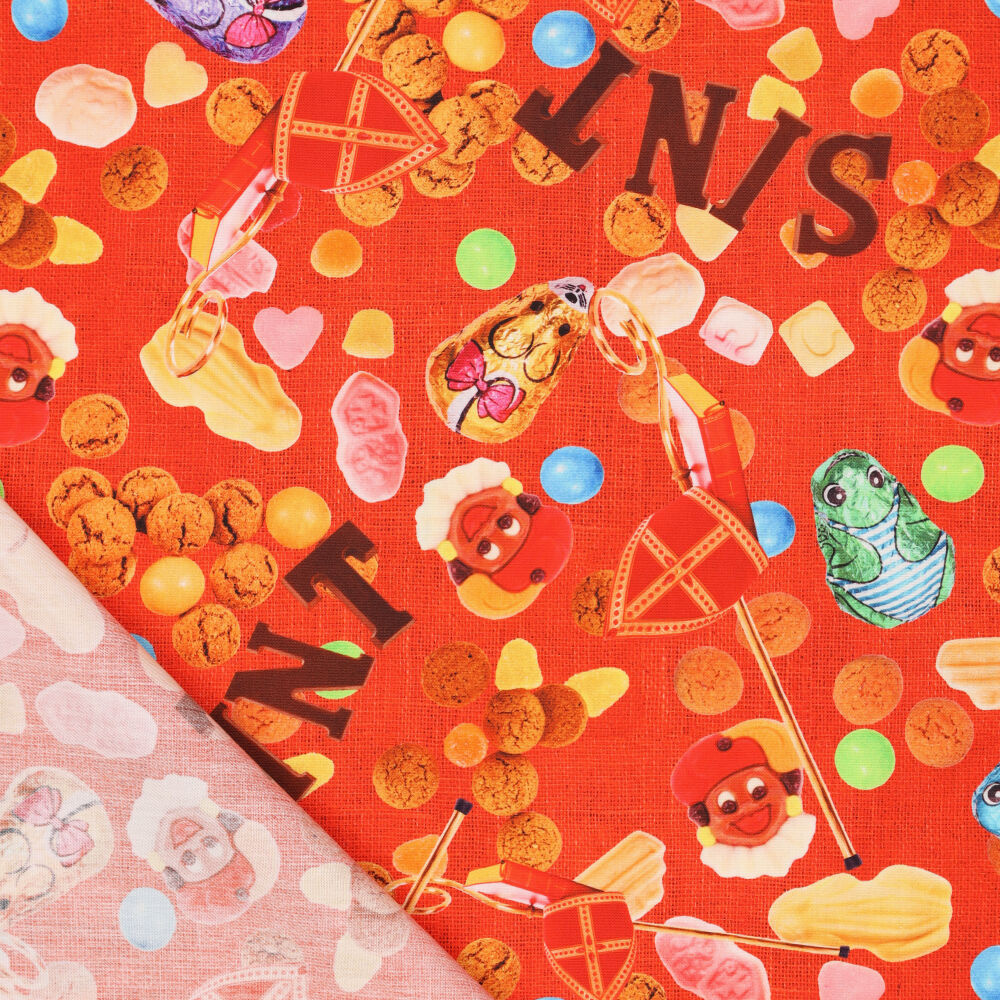Katoen Poplin Stof Sinterklaas – Rood – Jute Look & Kinderprint