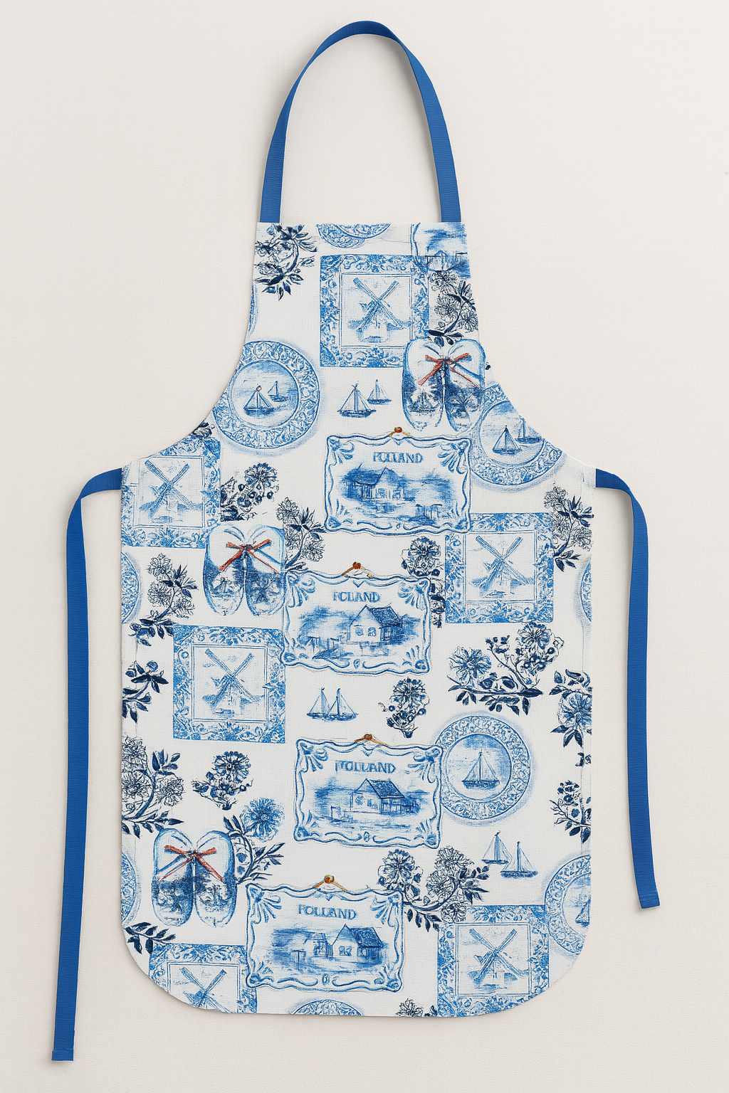 Delftsblauw Katoen – Collageprint met Hollandse Iconen & Klompen