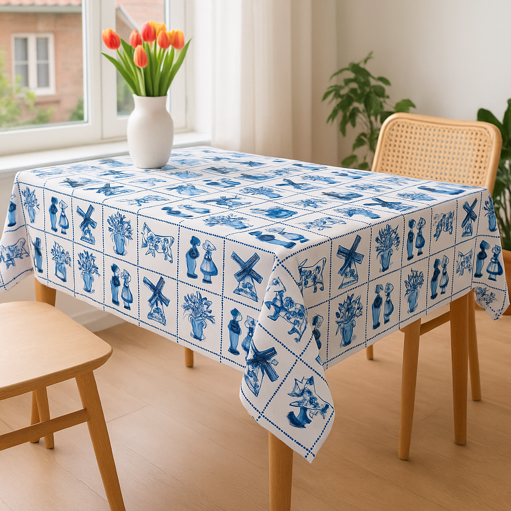 Delftsblauw Katoen – Hollandse Kusjes, Tulpen & Molens in Blokmotief