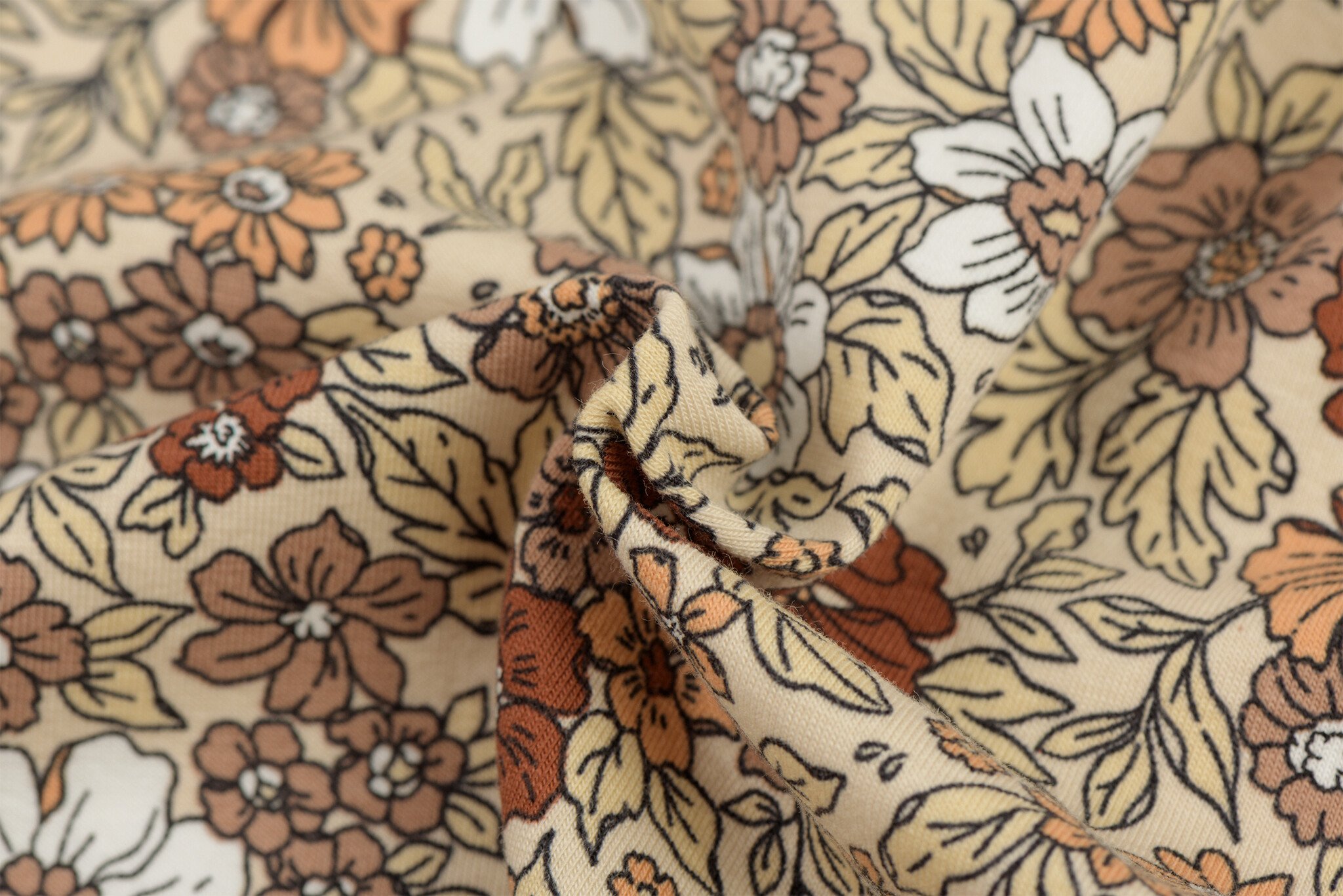Jersey Katoen Stof - Vintage Bloem Beige