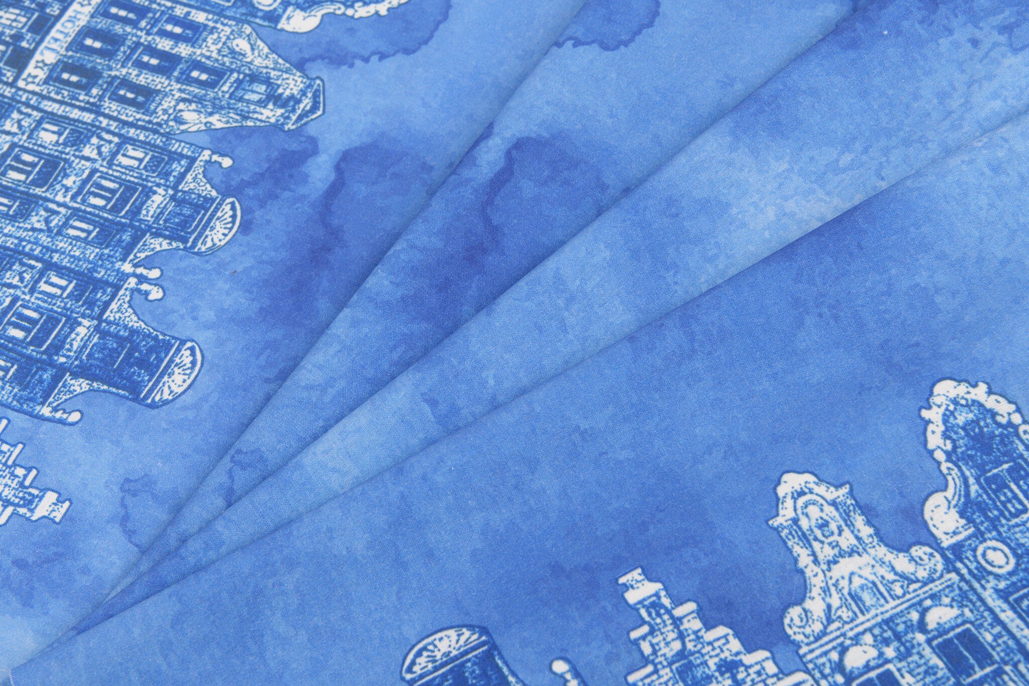 Delftsblauw Katoen – Randstof met Hollandse Grachtenpandjes