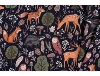 Sweat Stof Digitale Print Bosdieren Avontuur - Navy