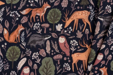 Sweat Stof Digitale Print Bosdieren Avontuur - Navy