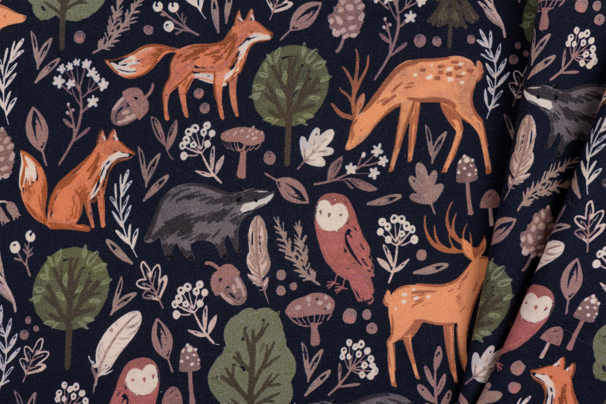 Sweat Stof Digitale Print Bosdieren Avontuur - Navy