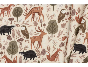 Sweat Stof Digitale Print Bosdieren Avontuur - Ecru