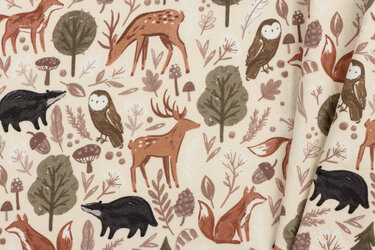 Sweat Stof Digitale Print Bosdieren Avontuur - Ecru