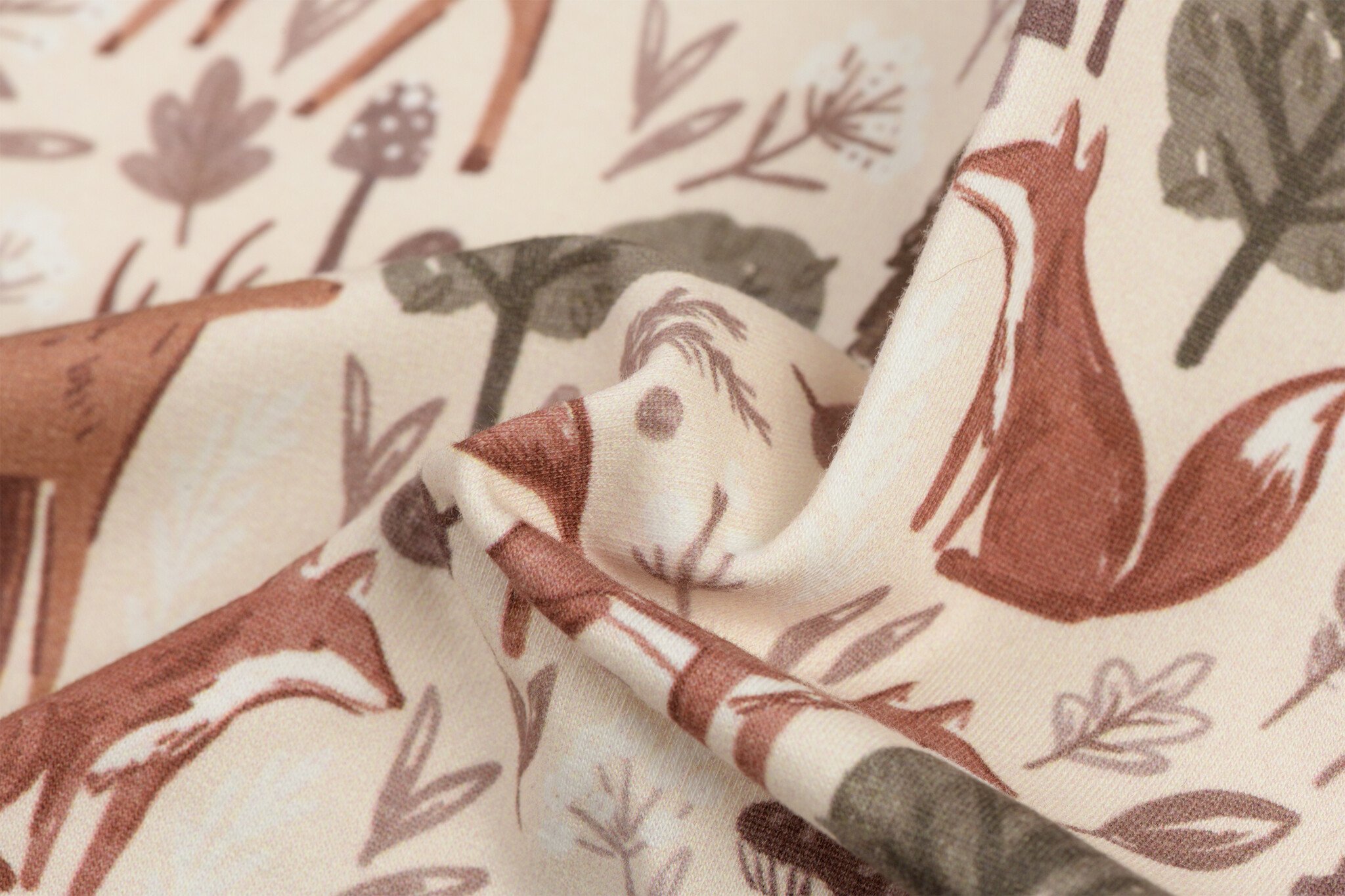 Sweat Stof Digitale Print Bosdieren Avontuur - Ecru