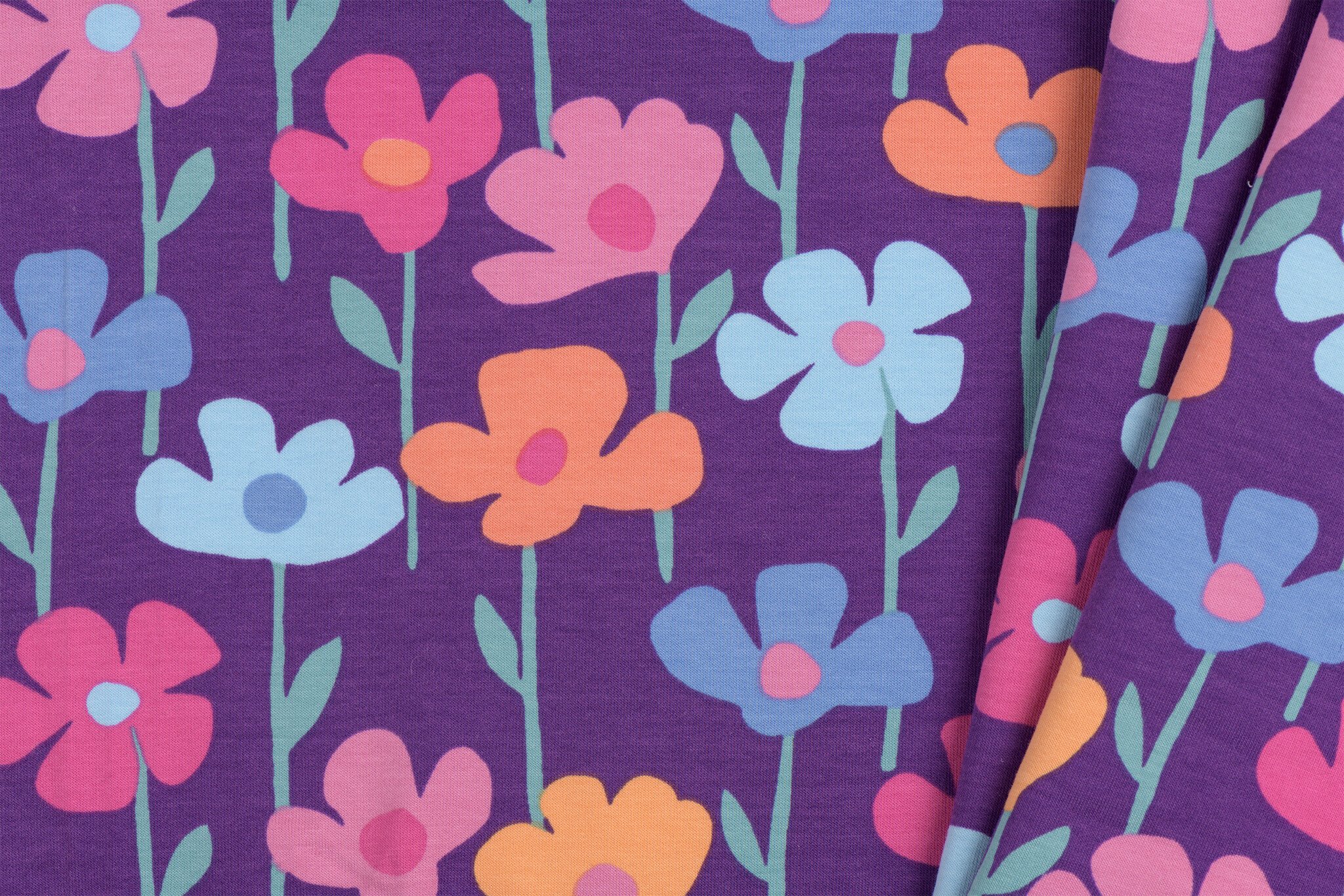 French Terry Stof Digitale Print Bloemenveld – Paars