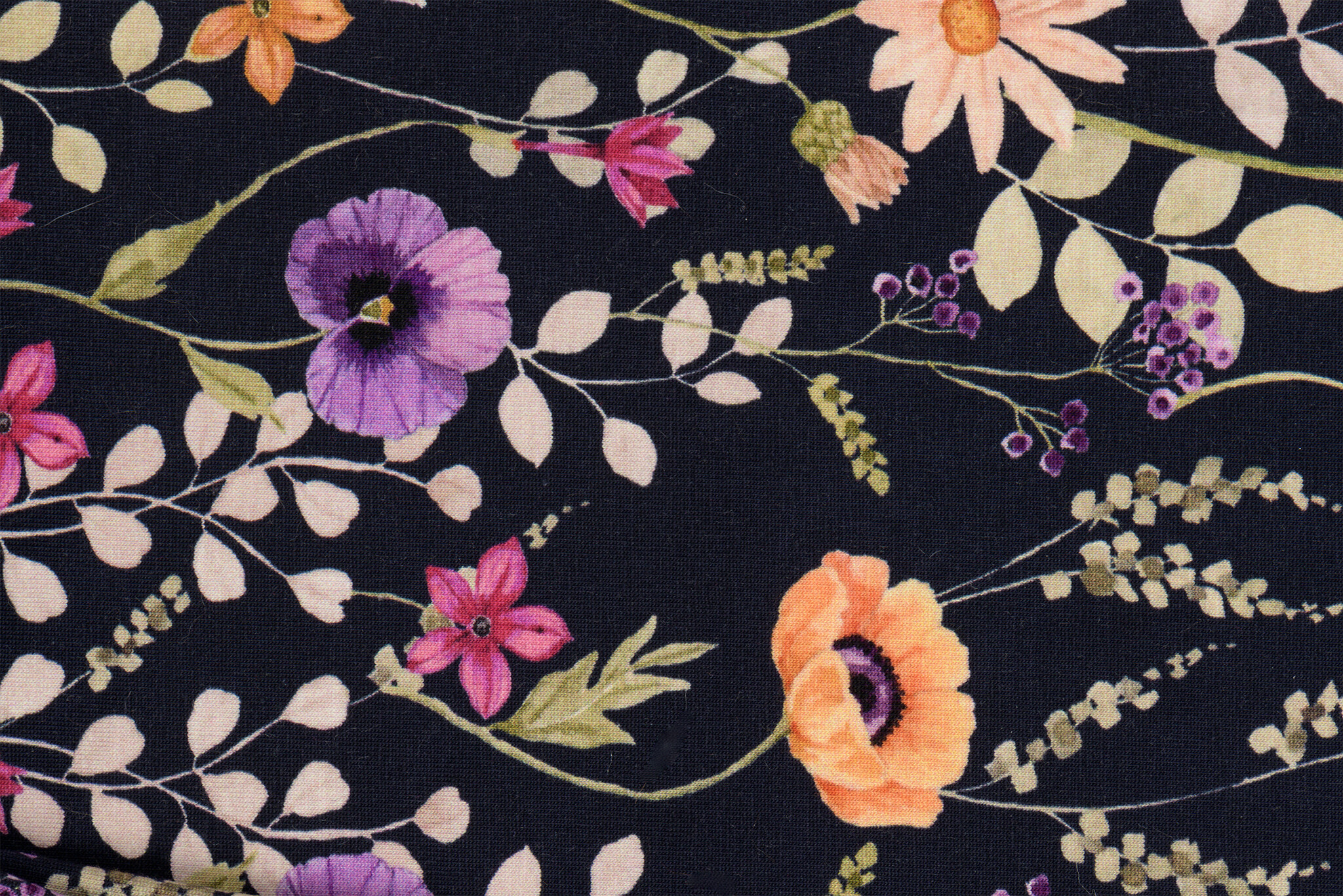 Jersey Katoen Stof Bloemen - Donkerblauw