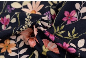 Jersey Katoen Stof Bloemen - Donkerblauw