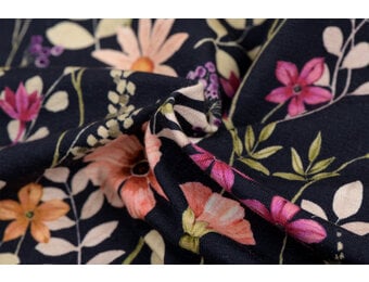 Jersey Katoen Stof Bloemen - Donkerblauw