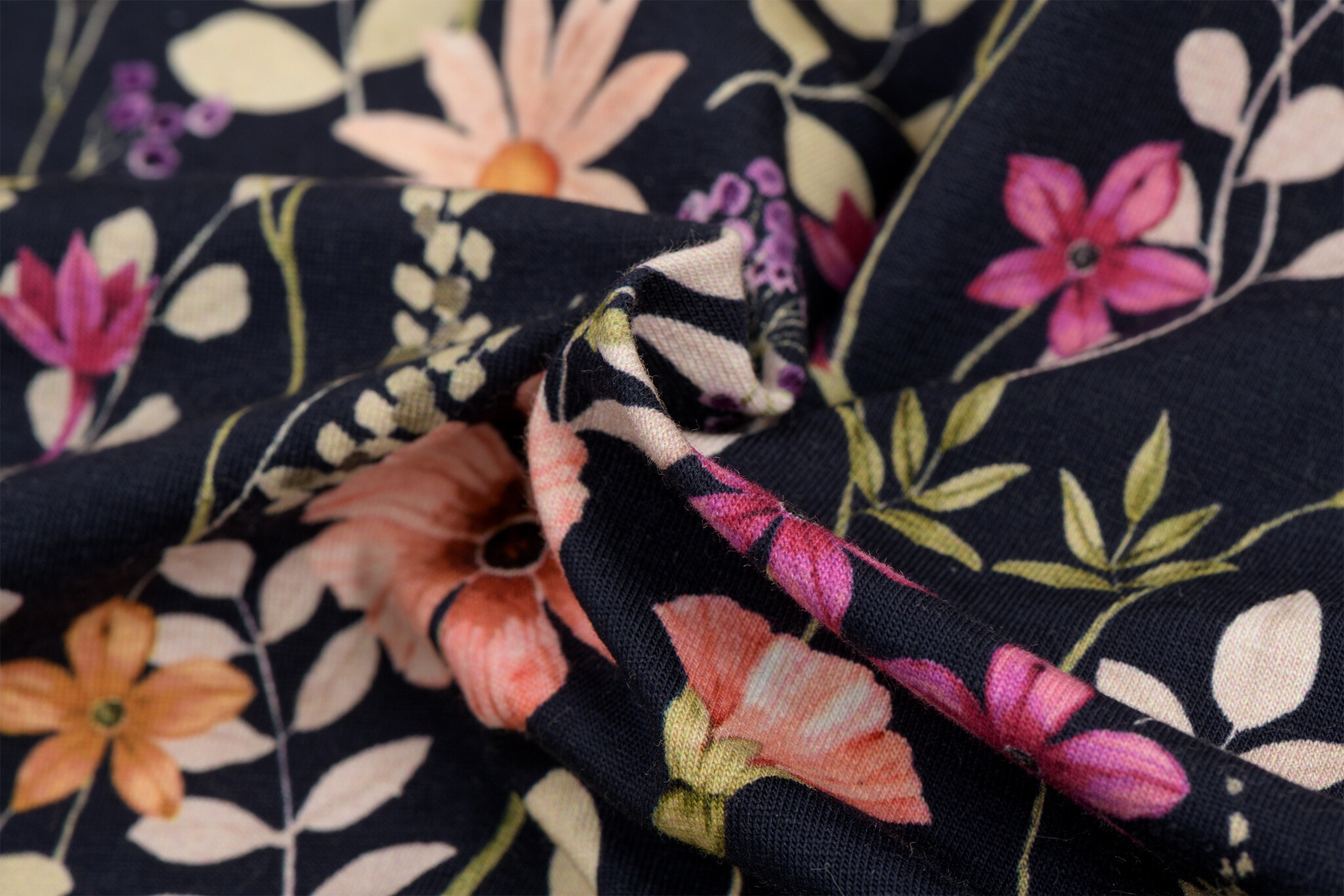 Jersey Katoen Stof Bloemen - Donkerblauw