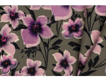 French Terry Stof Digitale Print – Roze-Paarse Bloemen – Donkergroen