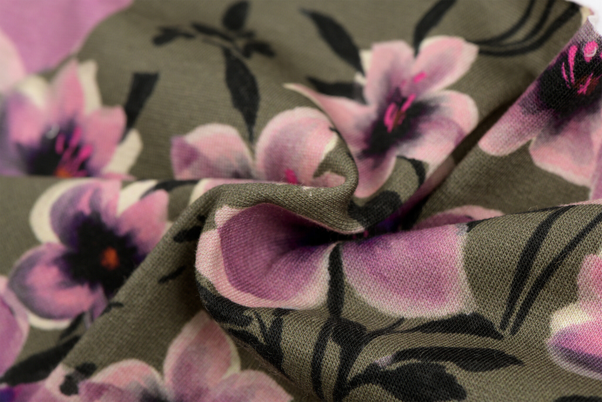 French Terry Stof Digitale Print – Roze-Paarse Bloemen – Donkergroen
