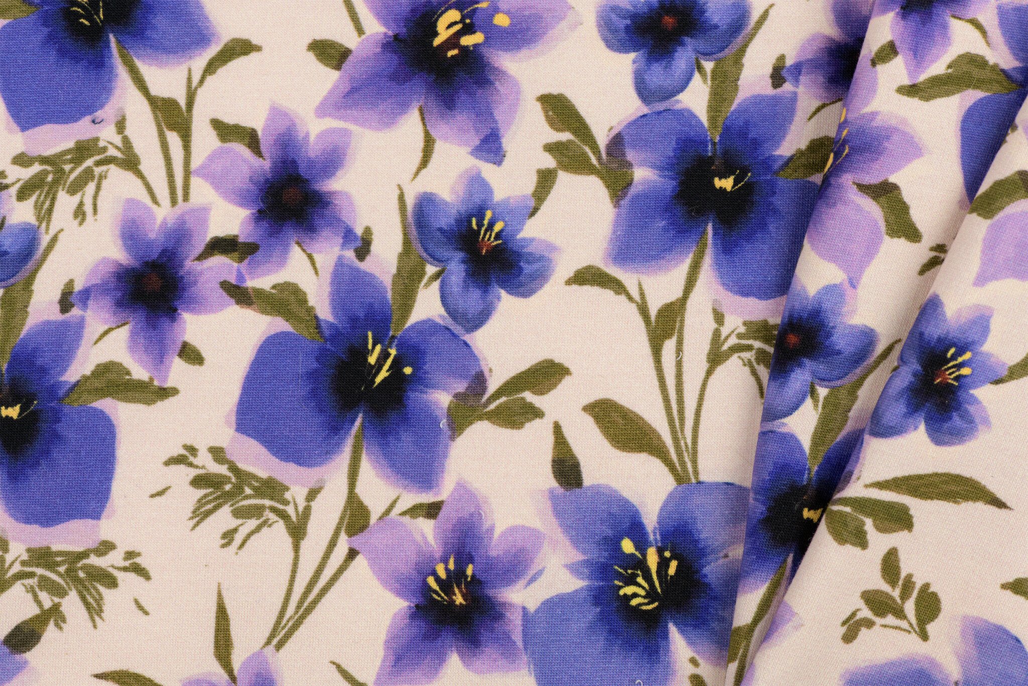 French Terry Stof Digitale Print – Paarse Bloemen – Ecru