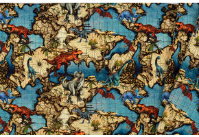 Jersey Katoen Digitale Print - Wereld Dino Donker