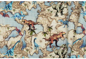 Jersey Katoen Digitale Print - Wereld Dino Licht