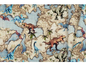 Jersey Katoen Digitale Print - Wereld Dino Licht