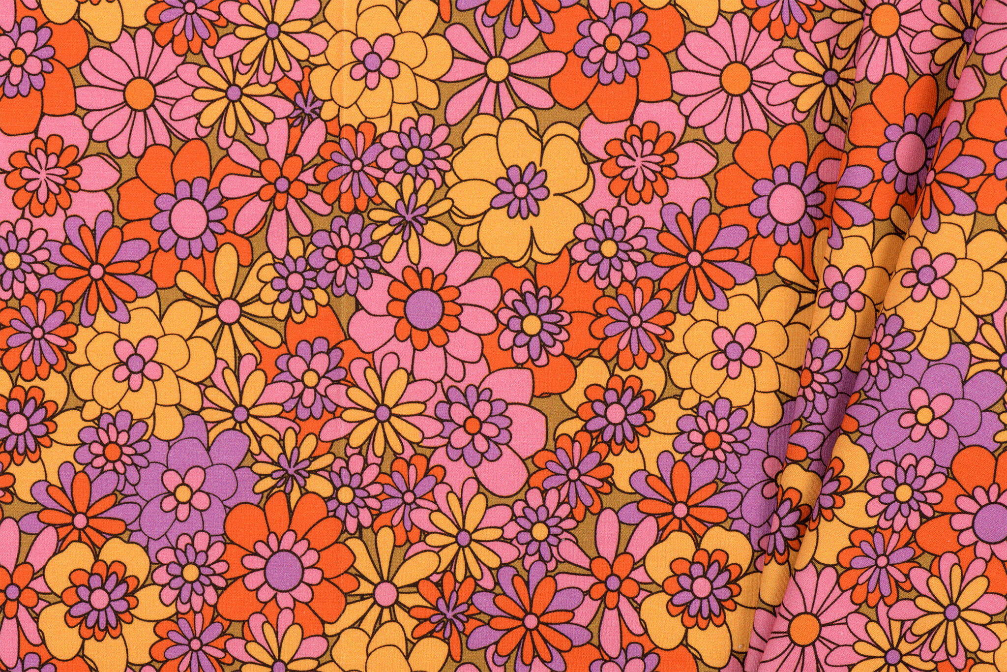 Jersey Katoen Digitale Print - Hippie Bloem Lila Mosterd