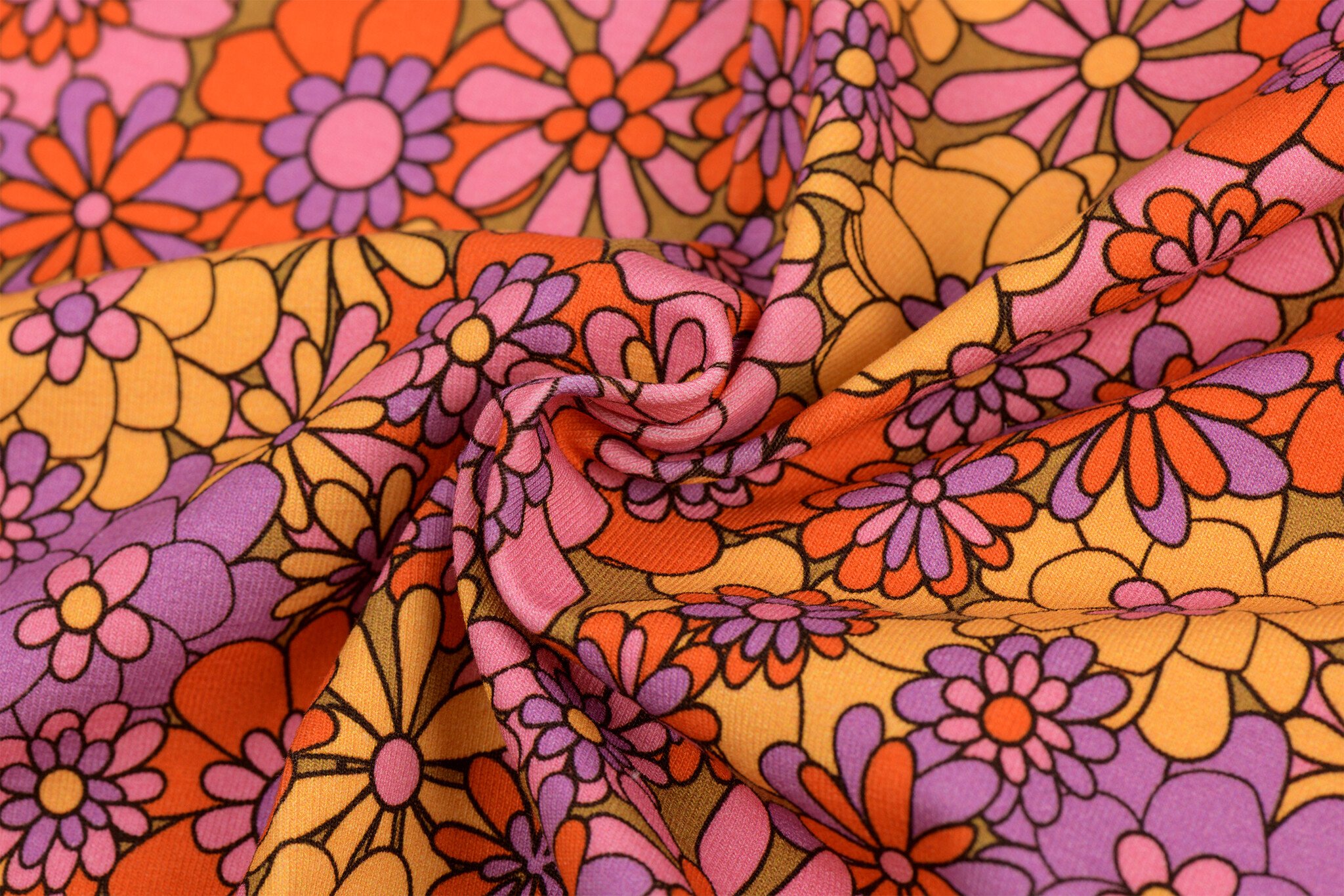 Jersey Katoen Digitale Print - Hippie Bloem Lila Mosterd