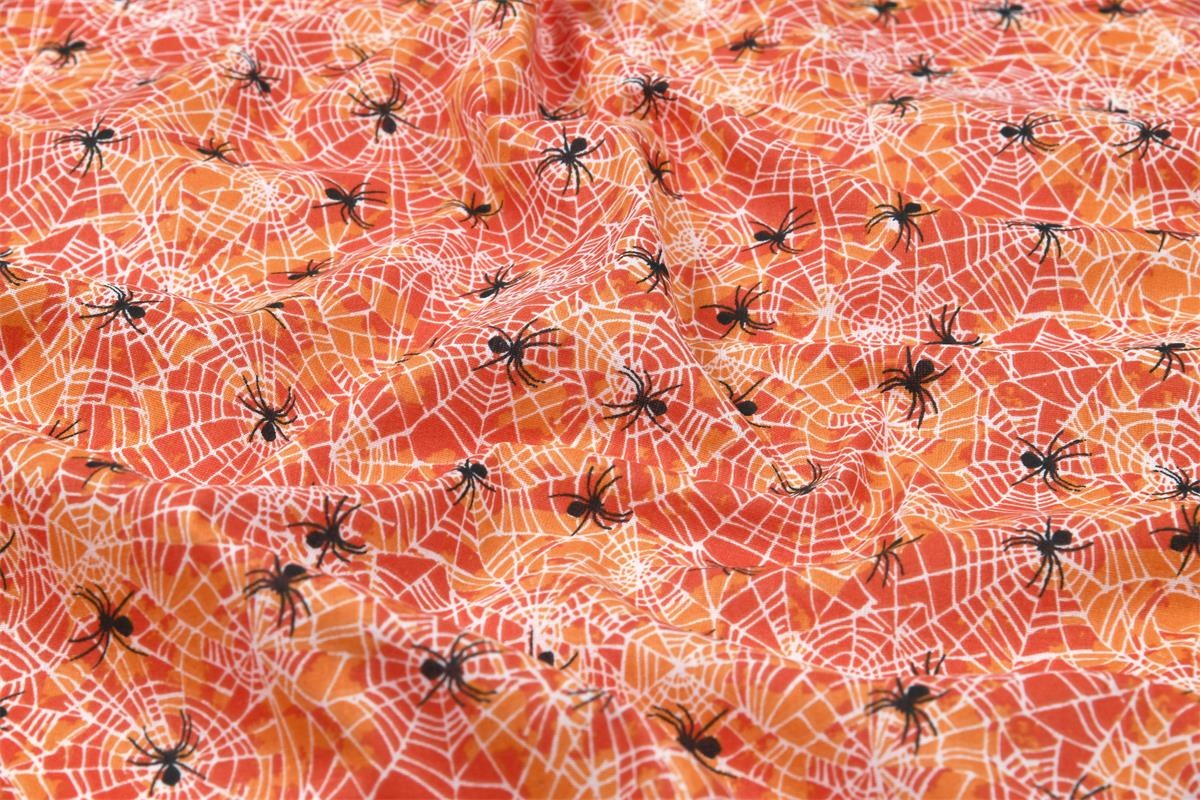 Katoen Stof Halloween Creepy Crawlers – Oranje – Griezelige Creaties