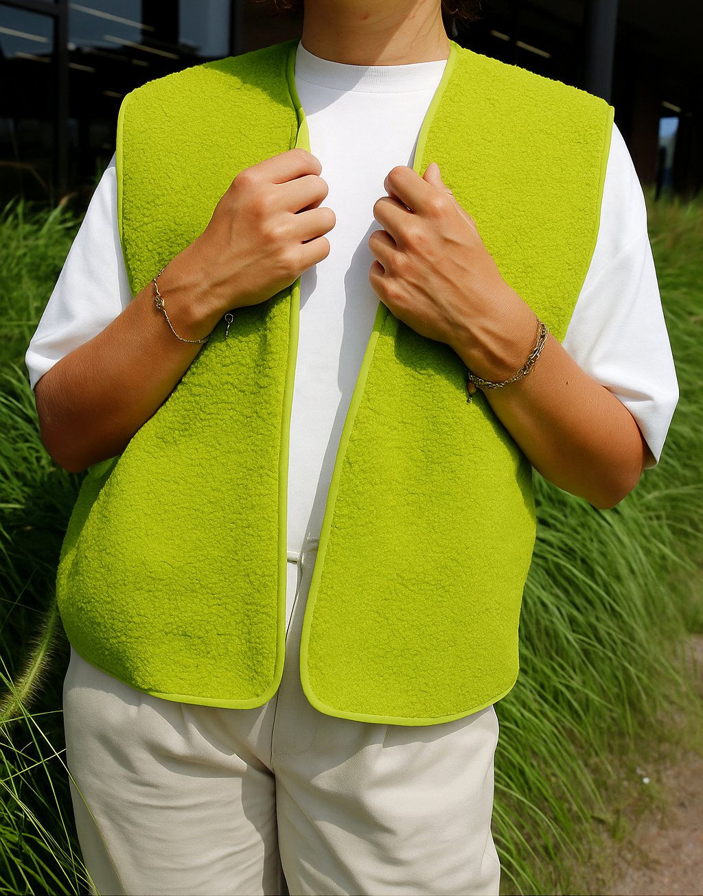 Teddy Fleece Doubleface Stof Oud Lime – Zacht, Warm & Dubbelzijdig