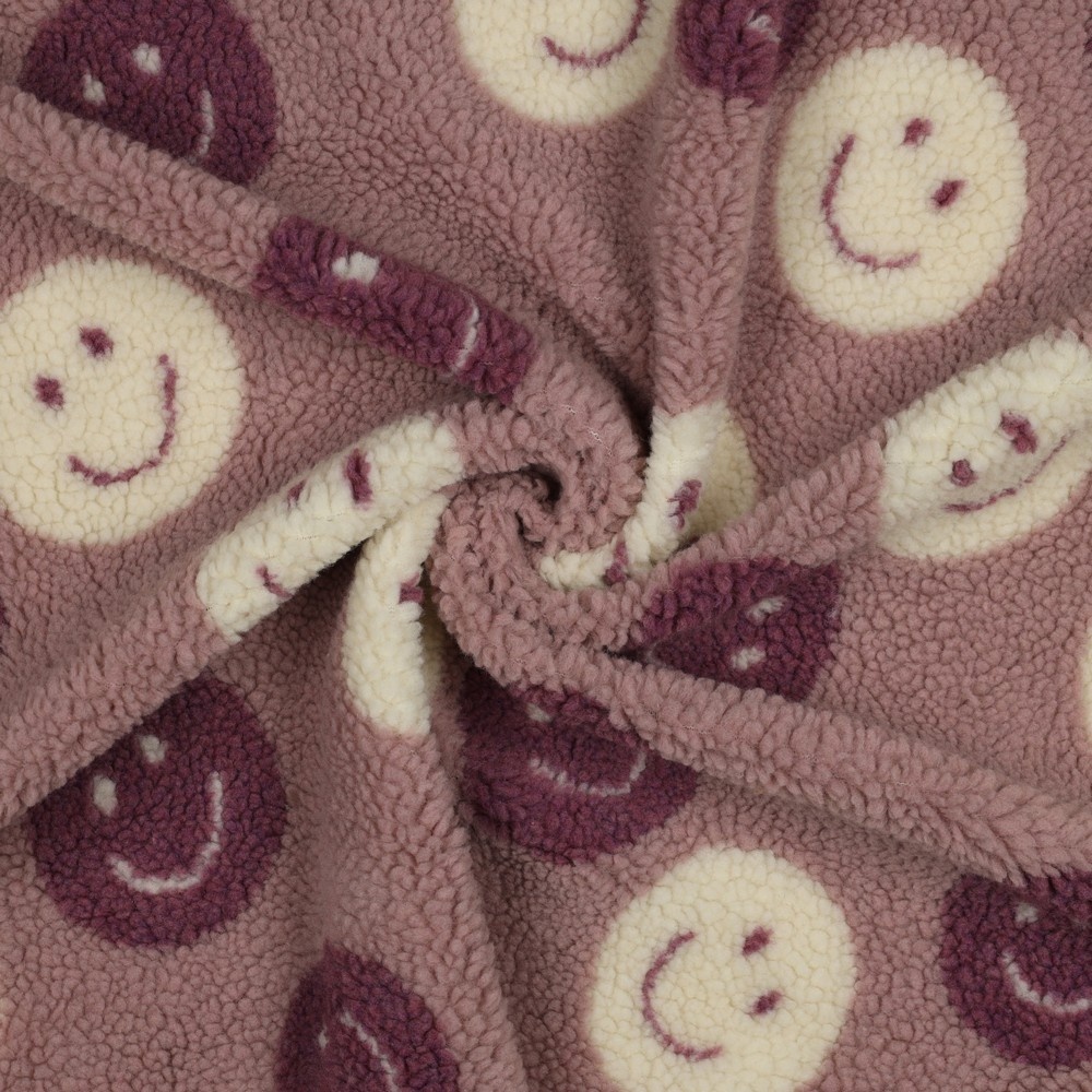 Teddy Stof Happy Faces - Mauve – Zacht, Warm & Vrolijk