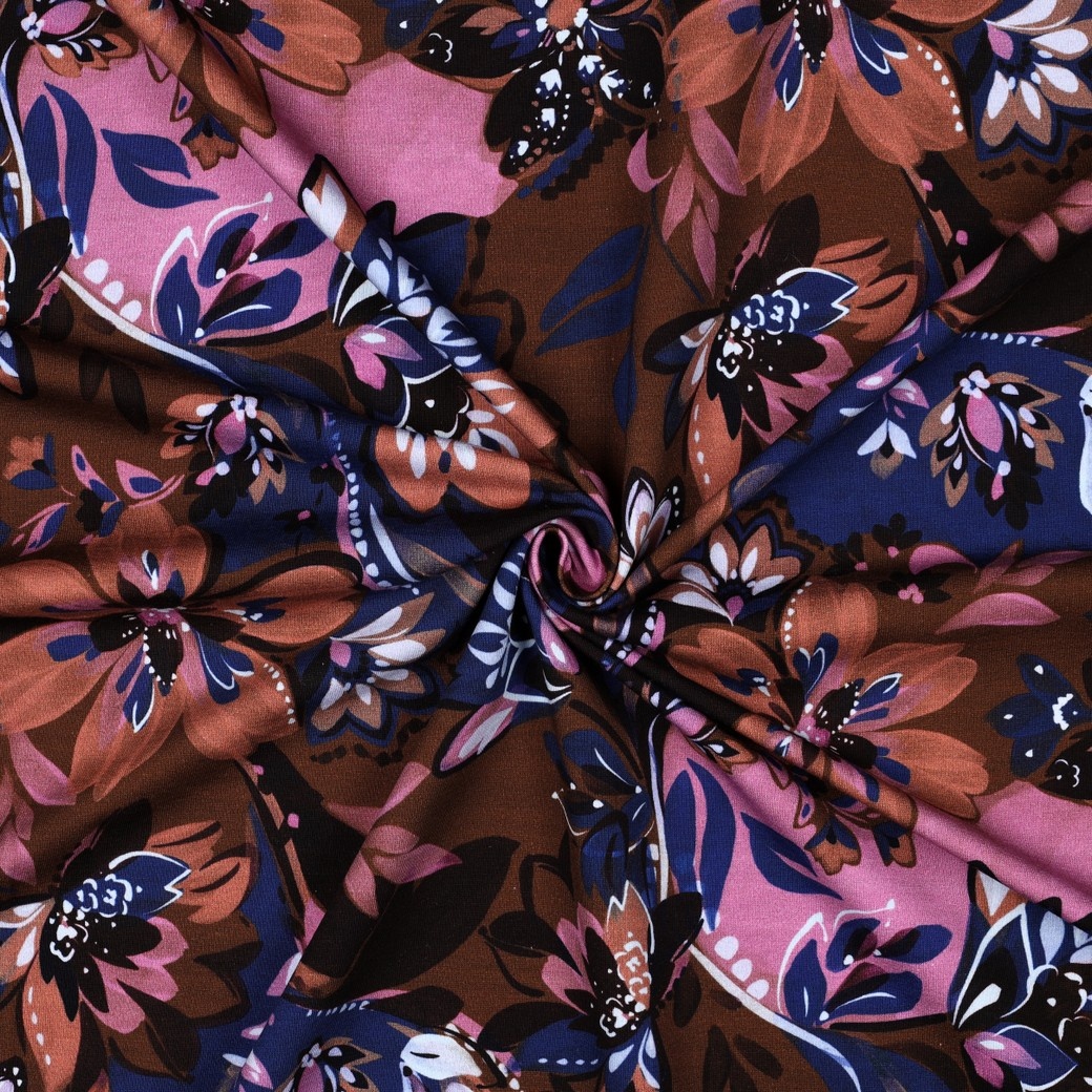 French Terry Bloemen Bruin – Warm, Zacht & Trendy