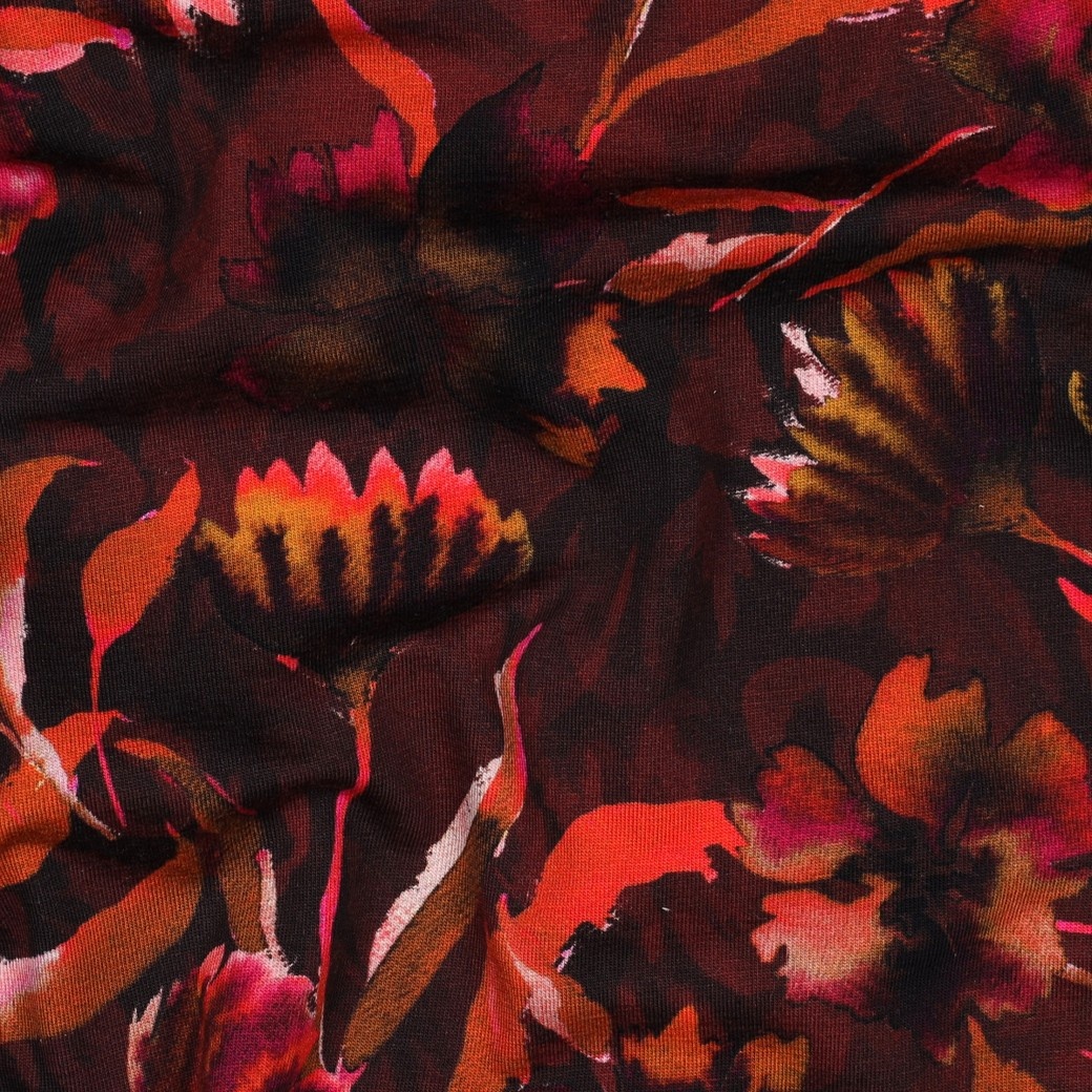 Jersey Katoen Bloemen Bordeaux – Zacht, Rekbaar & Ademend