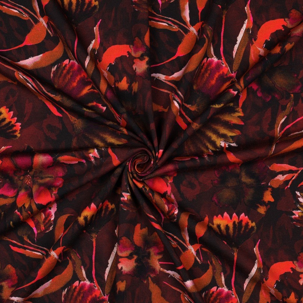 Jersey Katoen Bloemen Bordeaux – Zacht, Rekbaar & Ademend