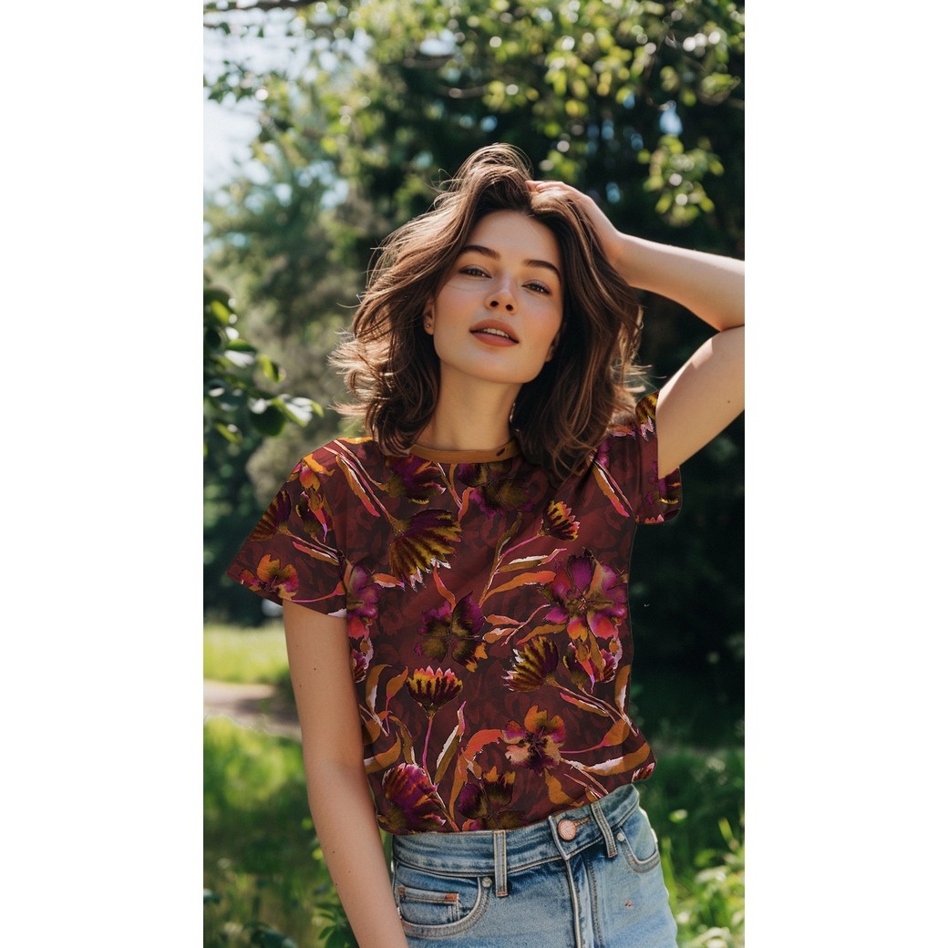 Jersey Katoen Bloemen Bordeaux – Zacht, Rekbaar & Ademend