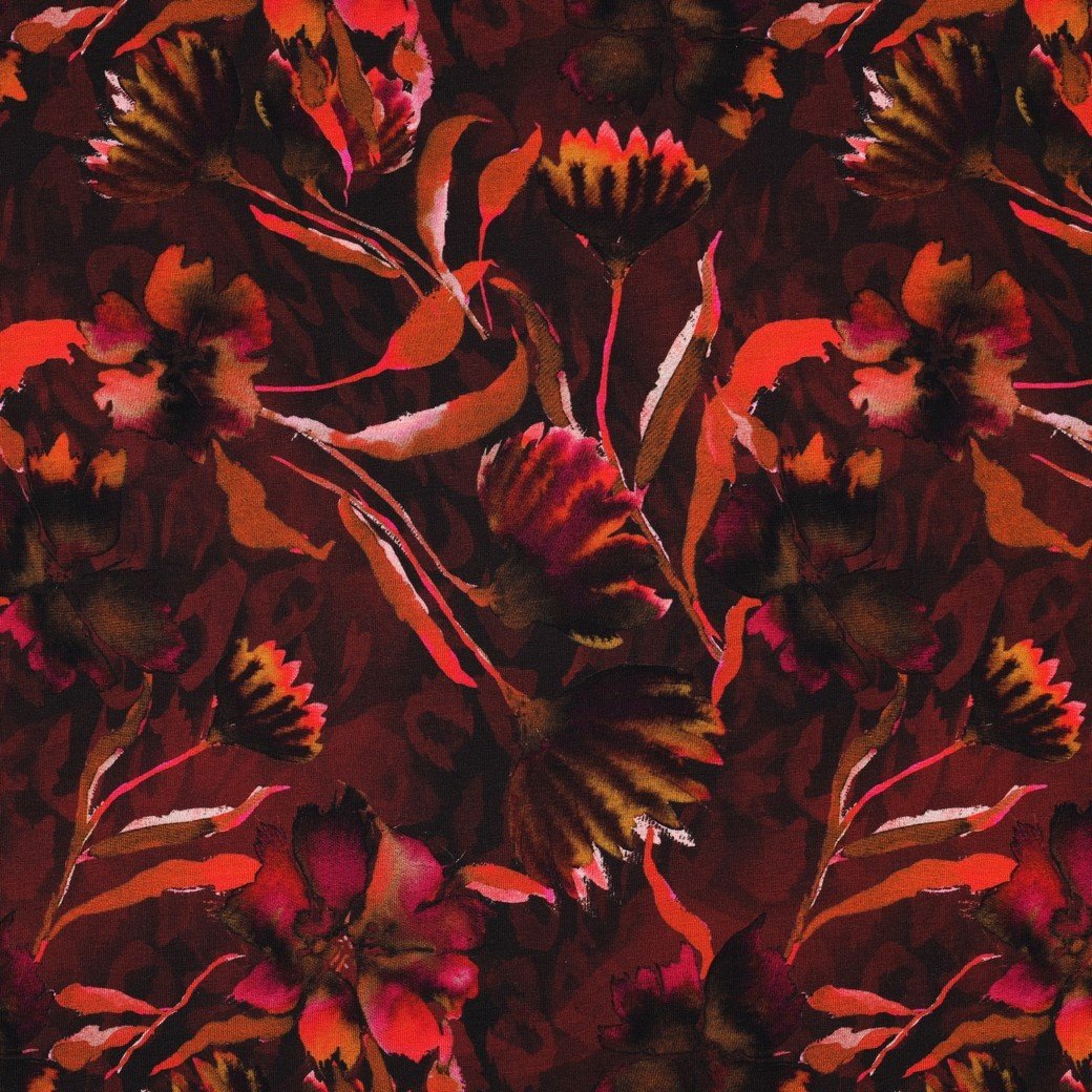 Jersey Katoen Bloemen Bordeaux – Zacht, Rekbaar & Ademend