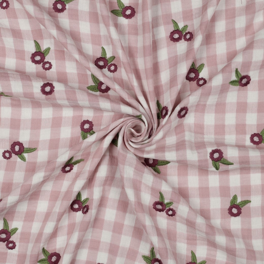 Hydrofiel Stof Ruiten Embroidery Bloemen Mauve – Zacht & Speels