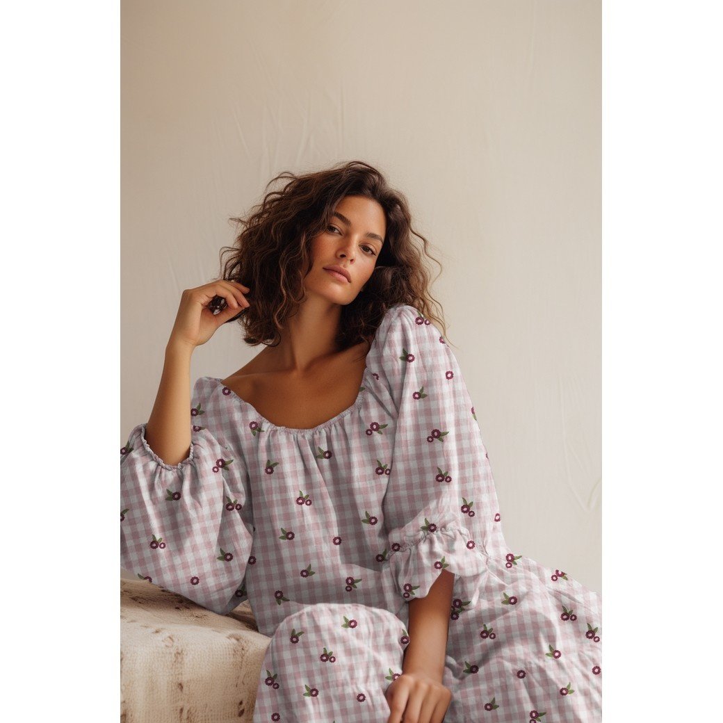 Hydrofiel Stof Ruiten Embroidery Bloemen Mauve – Zacht & Speels