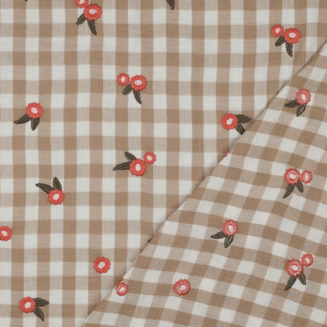 Hydrofiel Stof Ruiten Embroidery Bloemen Beige – Zacht & Speels