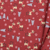 Katoen Kerststof Donkerrood – Rendieren, Bomen & Sneeuwvlokken