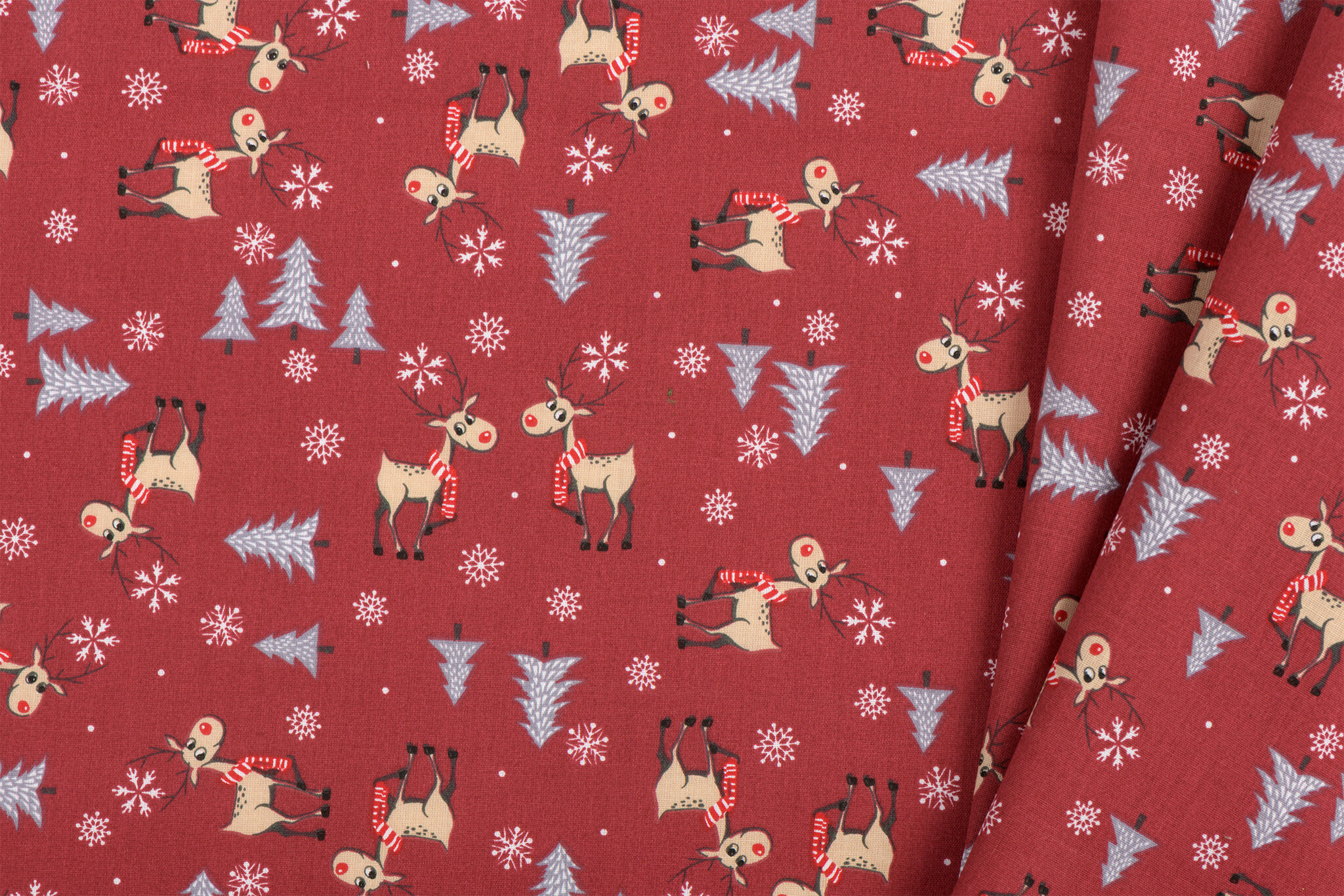 Katoen Kerststof Donkerrood – Rendieren, Bomen & Sneeuwvlokken