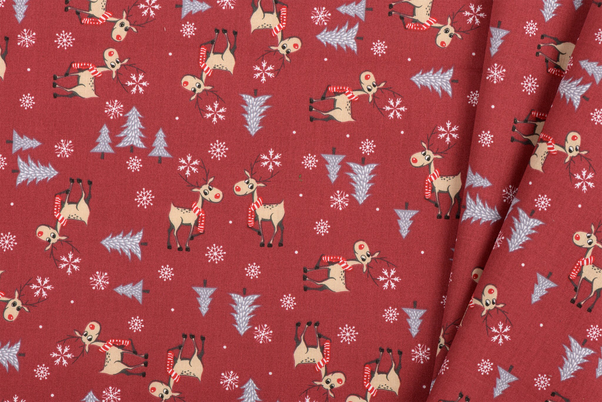 Katoen Kerststof Donkerrood – Rendieren, Bomen & Sneeuwvlokken