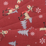 Katoen Kerststof Donkerrood – Rendieren, Bomen & Sneeuwvlokken