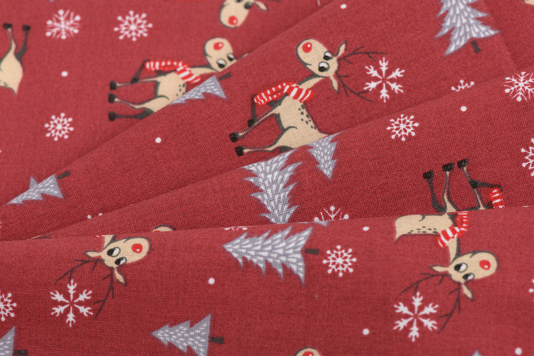 Katoen Kerststof Donkerrood – Rendieren, Bomen & Sneeuwvlokken