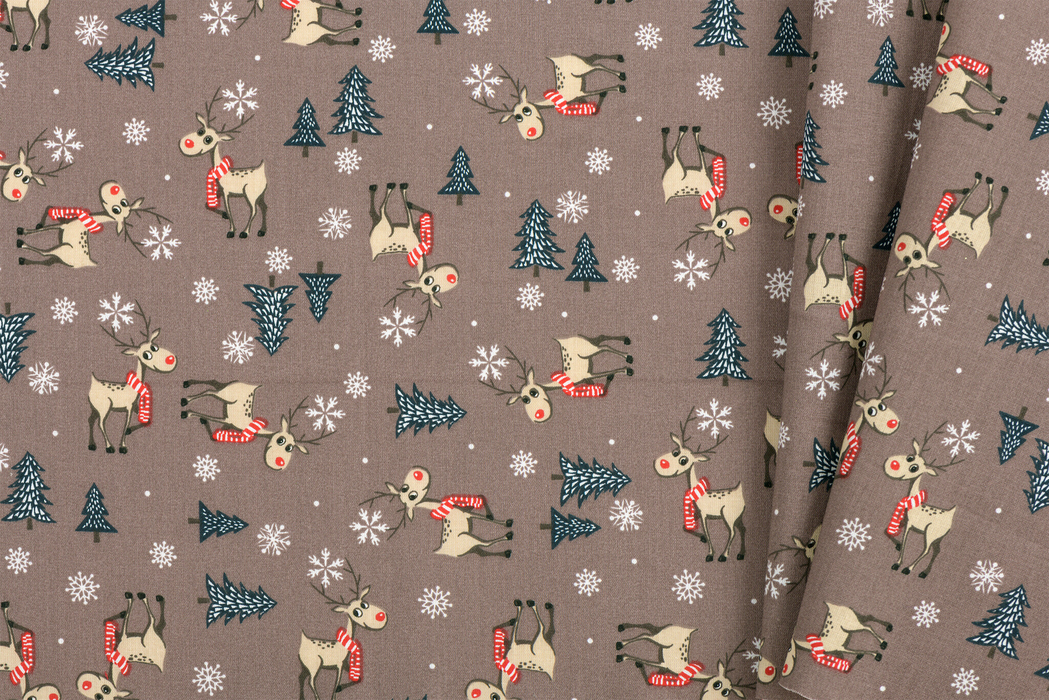 Katoen Kerststof Taupe – Rendieren, Bomen & Sneeuwvlokken