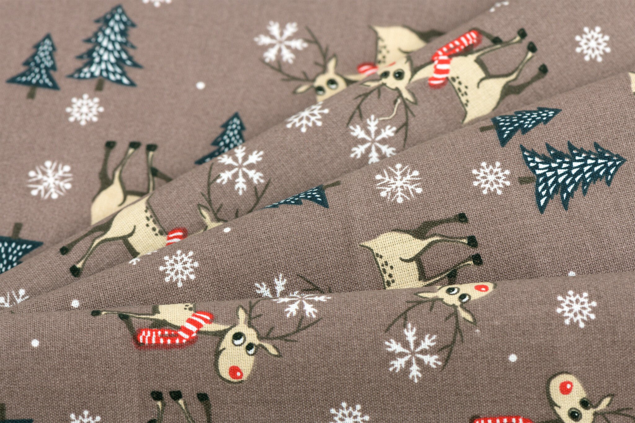 Katoen Kerststof Taupe – Rendieren, Bomen & Sneeuwvlokken