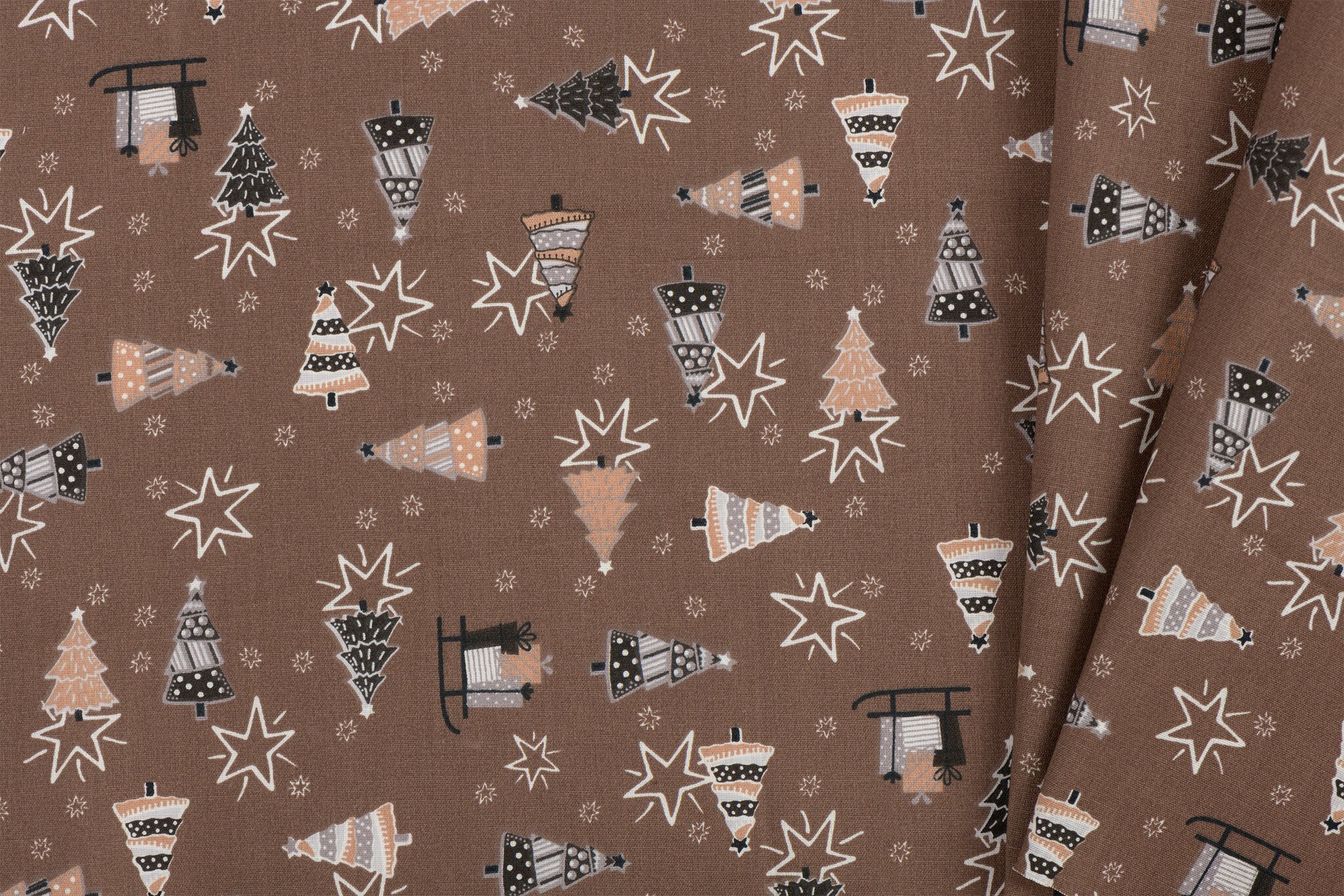 Katoen Kerststof Bruin – Kerstbomen, Sterren & Sleeën